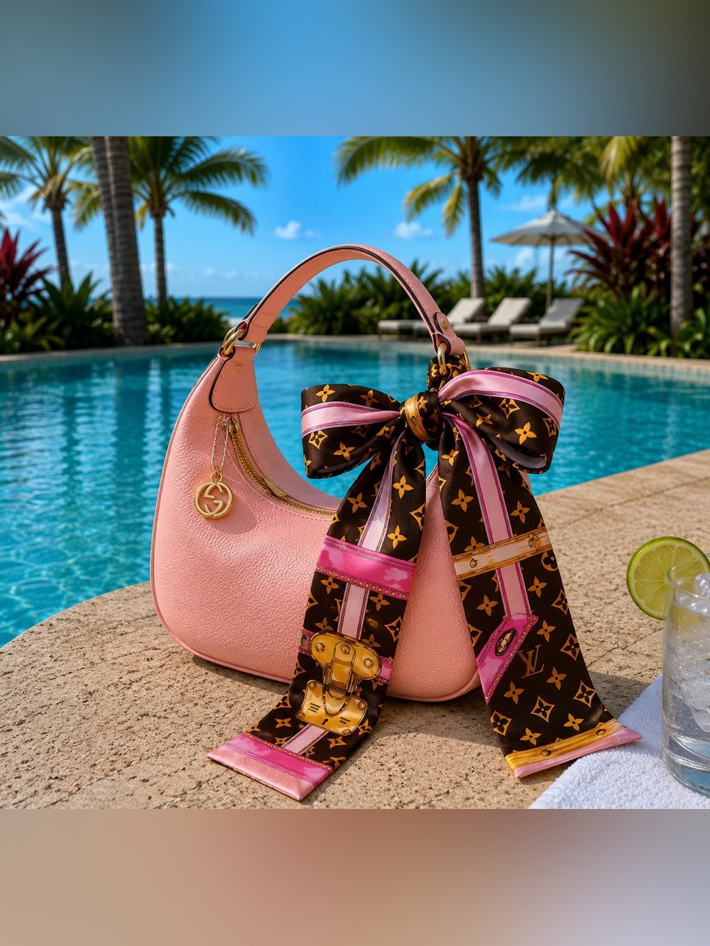 Monogram Print Silk Scarf Tie with Pink & Gold Accents Designer LV